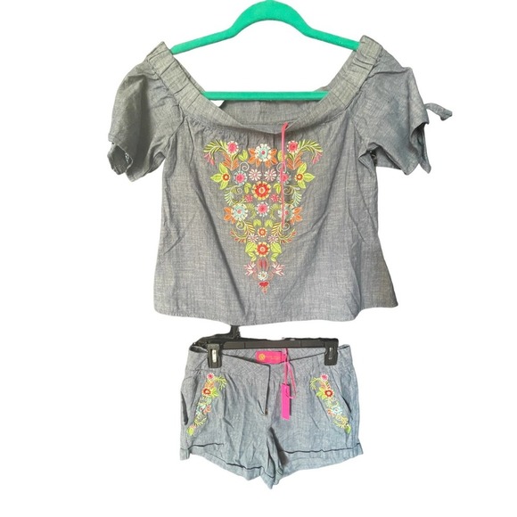 NWT Womens Crop Top & Short 2Pc Set Floral Embroidery Tie-Sleeve Size XS Blue - Picture 9 of 12